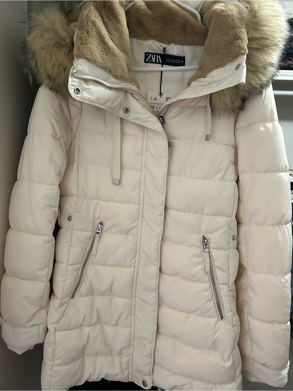 Zara Cream Quilted Puffer Coat with Faux Fur-Trim Hood